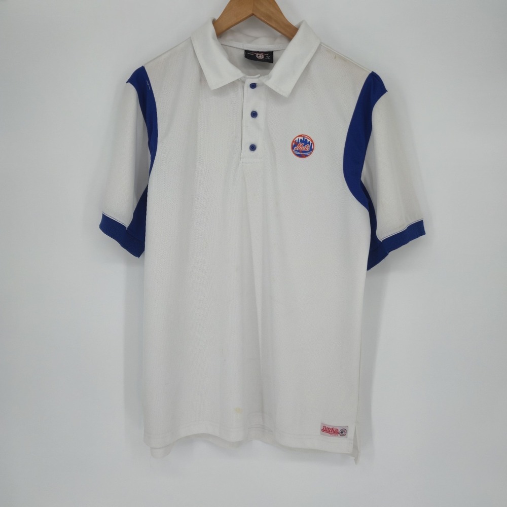NY Mets Stitches Polo Jersey White Blue Men's Medium‎ MLB Patch Colorblock Golf